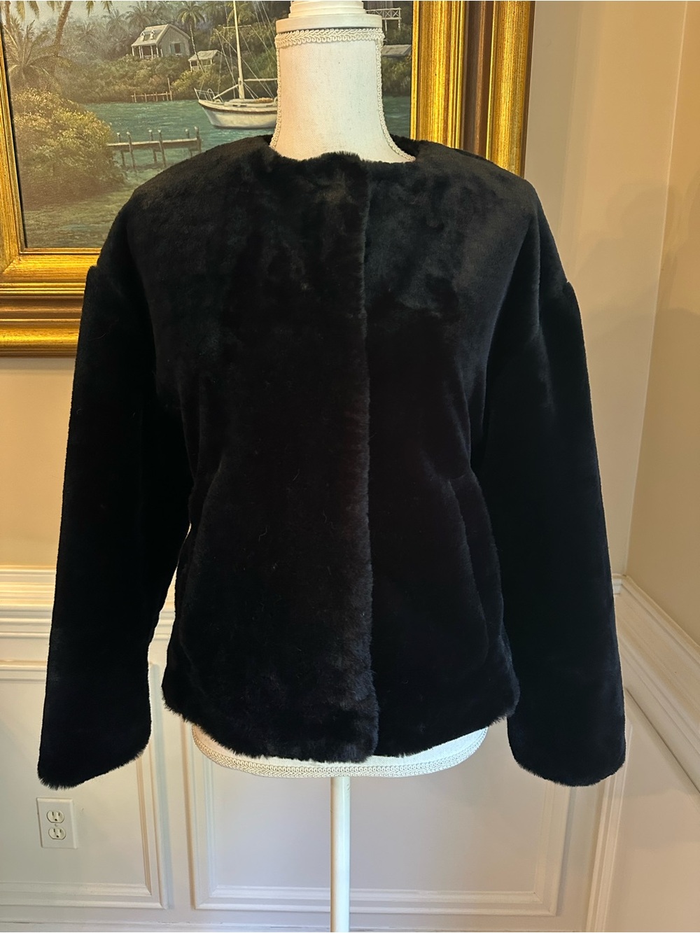 ZARA Black Faux Fur Collarless Jacket